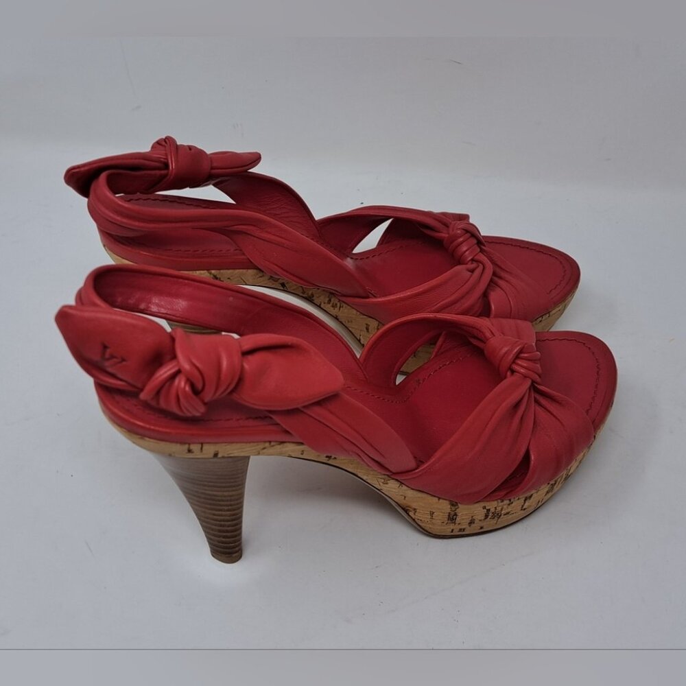 Louis Vuitton Red Leather Platform Slingback Sandals Deerskin Cork 37.5 EU / 7.5 - Picture 9 of 16